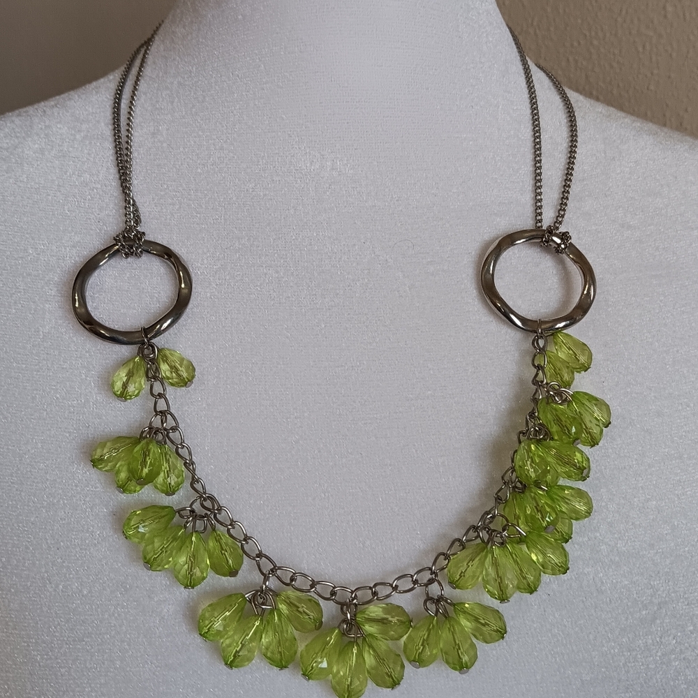 Clustered Green Acrylic Teardrop Beaded Necklace On Silver Tone Chain, Fairy